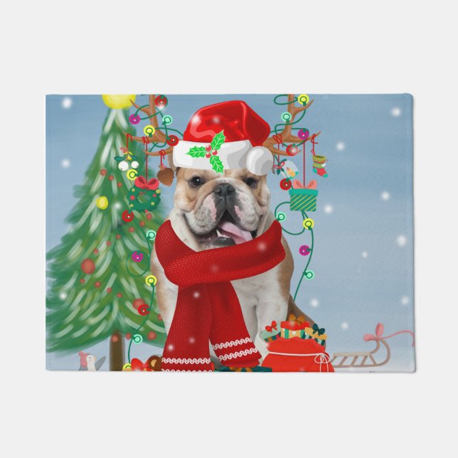 Tapete Bulldog Inglês em Neve com Presentes de Natal (Frente)