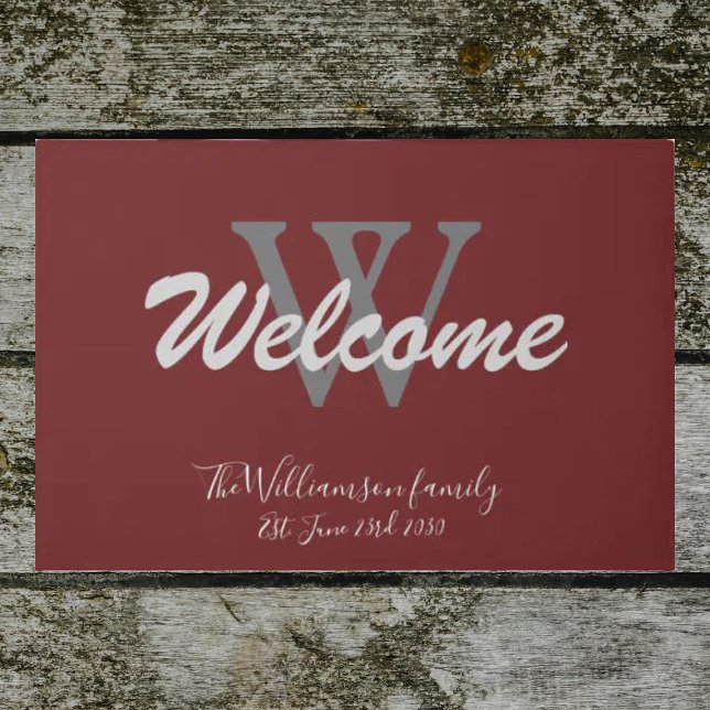 Tapete Burgundy Elegant Monogramas ao ar livre Boas-vinda (Front door welcome mat. Elegant burgundy monogramed doormat. The perfect wedding/housewarming gift. )