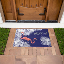 Tapete Burlap azul marinho com Flamingos Rosa