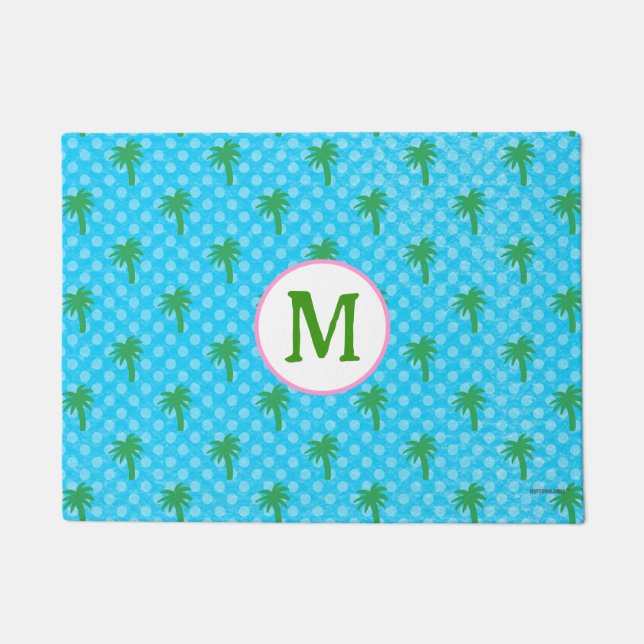 Tapete Cachorro Mat Coastal Azul com Palmeira Verde Perso (Frente)