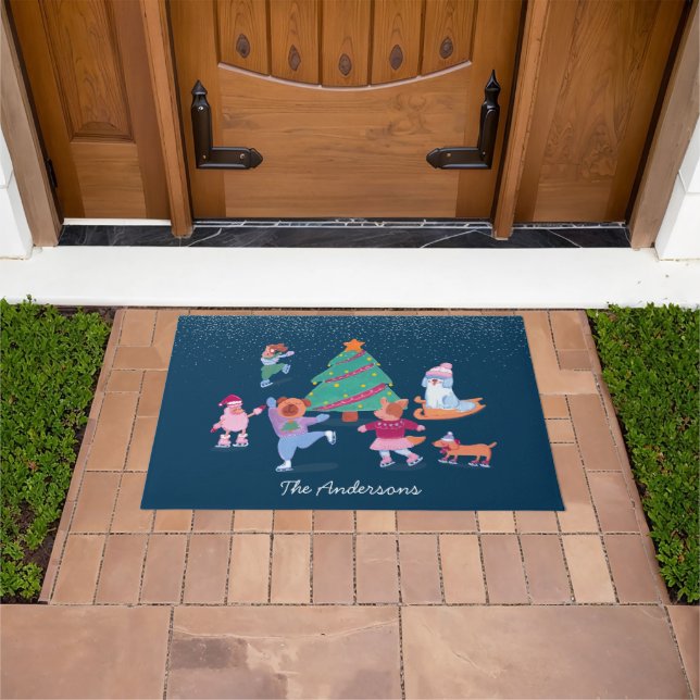 Tapete Cães Festivos Ice Patinação Escura Escuro Natal (Ar livre)