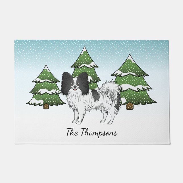 Tapete Cão Cachorro Negro E Branco Na Floresta De Inverno (Frente)