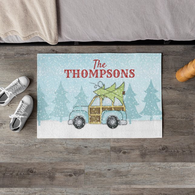 Tapete Carro Floco de Neve da Árvore de Natal Personaliza (Christmas tree cute woodland Woodie car custom doormat.)