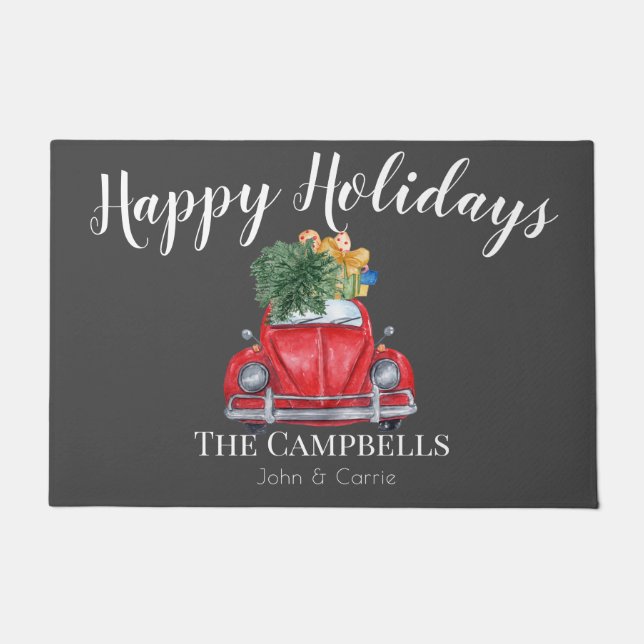 Tapete Carro Vermelho com Árvore de Natal Personalizável (Frente)