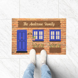 Tapete Casa Brick com Texto Personalizado de Porta Azul