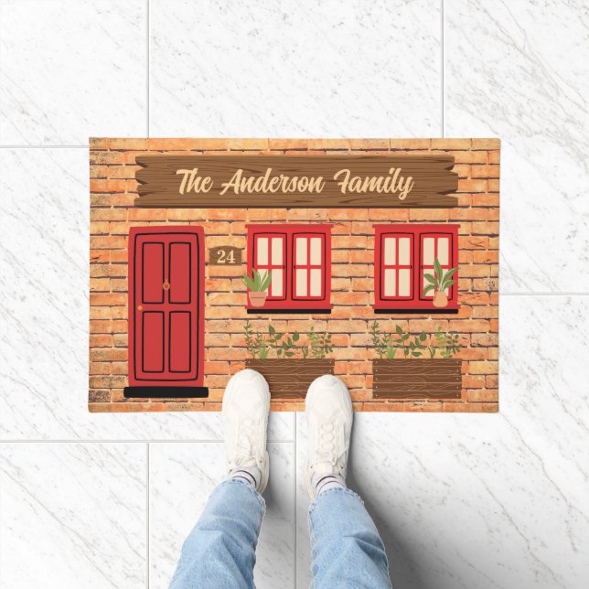 Tapete Casa Brick com Texto Personalizado de Porta Vermel (Interior)