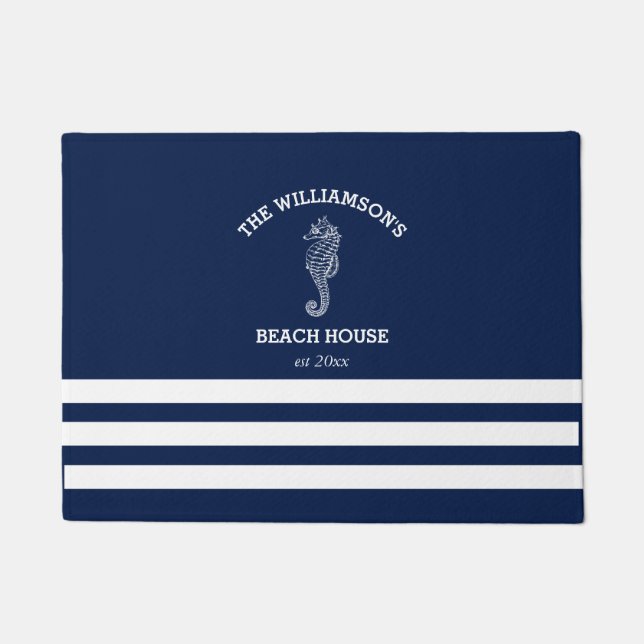 Tapete Casa de Praia com Listras Azul Marinho e Branco |  (Frente)