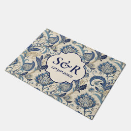 Tapete Casamento Floral de Monograma Azul e Creme Damask
