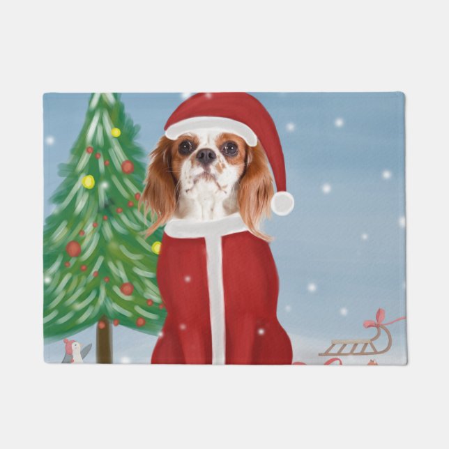Tapete Cavalier King Dog em Neve com presentes de Natal (Frente)