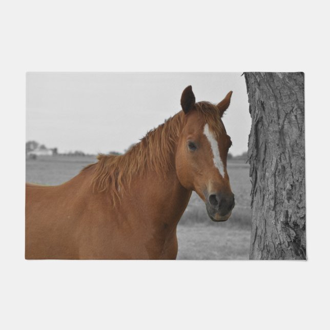 Tapete Cavalo Marrom com Fundo Preto e Branco (Frente)