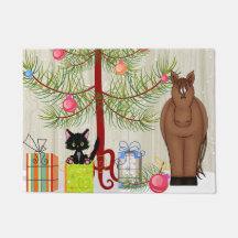 Cavalo Marrom Fofo e Gatinho com Árvore de Natal
