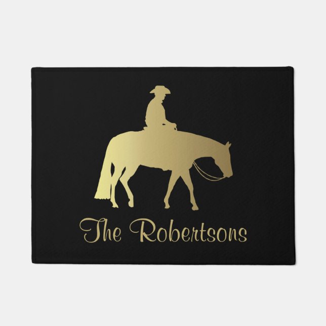Tapete Cavalo ocidental dourado do prazer no preto (Frente)