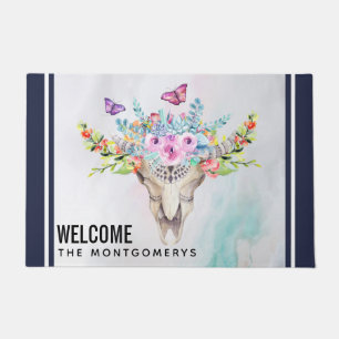 Tapete Caveira Animal Boho com Borboletas e Flores