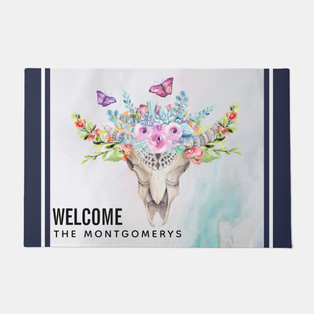 Tapete Caveira Animal Boho com Borboletas e Flores (Frente)
