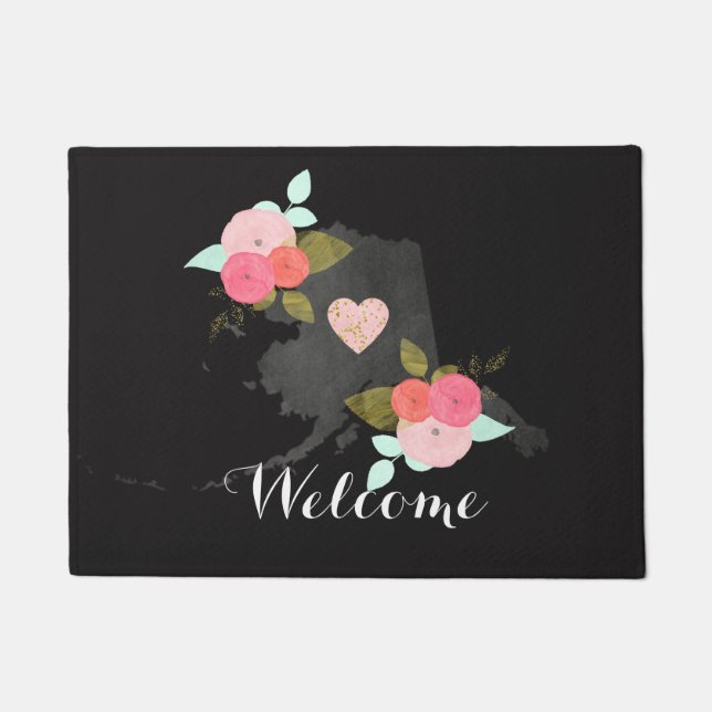Tapete Chalkboard Alaska State Watercolor Floral Welcome (Frente)