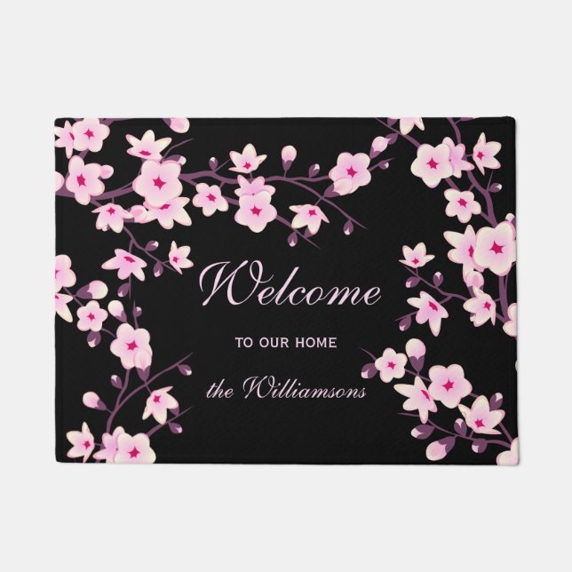 Tapete Cherry Blossoms Pink Black Welcome Family Name (Frente)