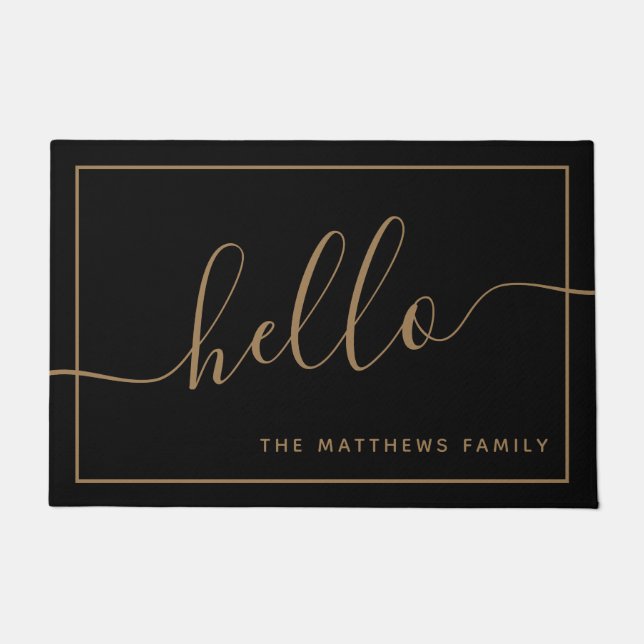 Tapete Chic Black Dourada Script Hello Family Nome Bem-vi (Frente)