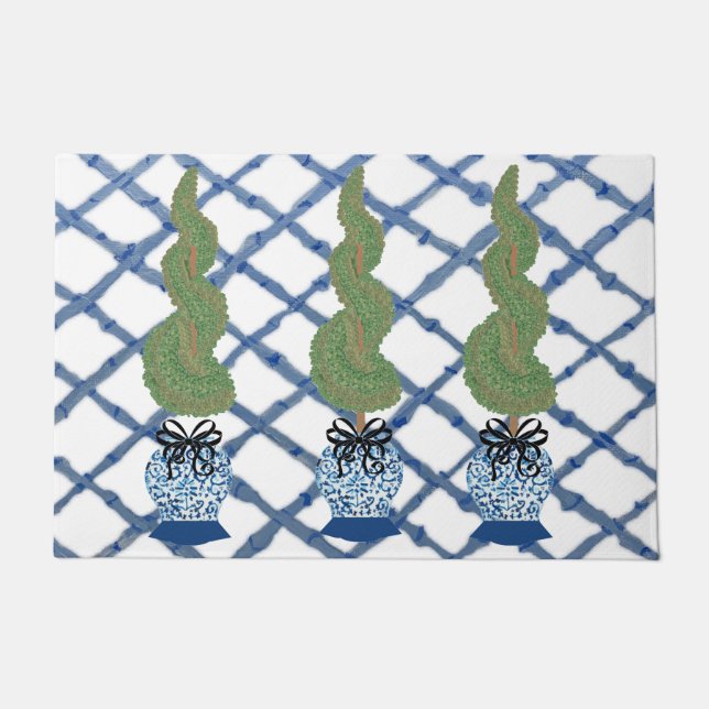 Tapete Chinoiserie Blue Ginger Jars Doormat Bem-vindo (Frente)