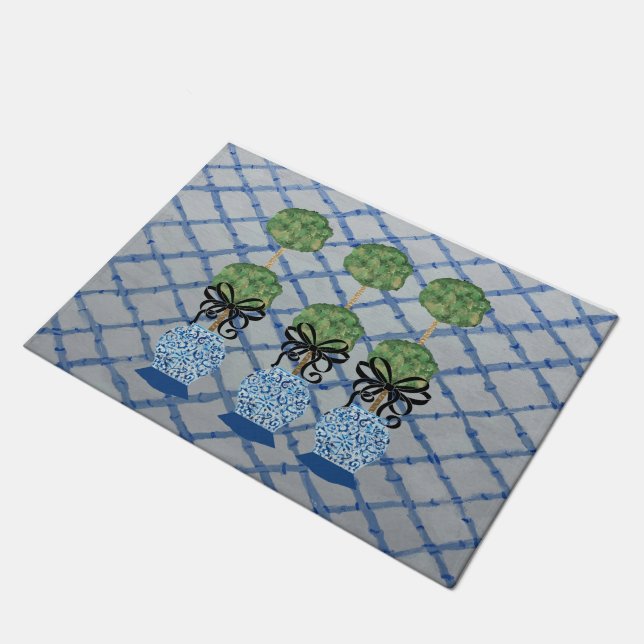 Tapete Chinoiserie Blue Ginger Jars Doormat Bem-vindo (Inclinado)