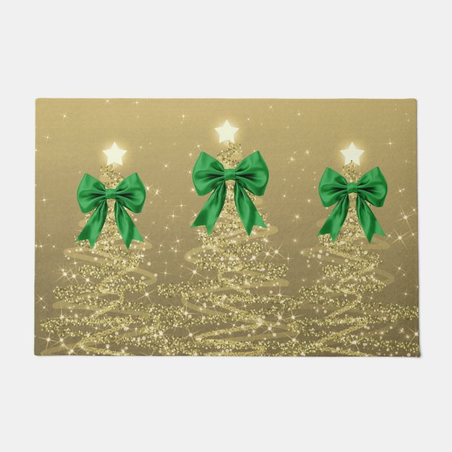Tapete Christmas Sparkling Trees Gold Faux Green Bow  (Frente)