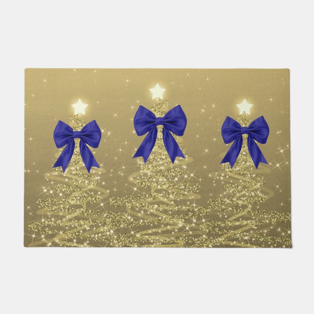 Tapete Christmas Sparkling Trees Gold Faux Navy Bow  (Frente)