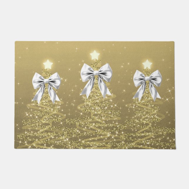 Tapete Christmas Sparkling Trees Gold Faux Silver Bow  (Frente)