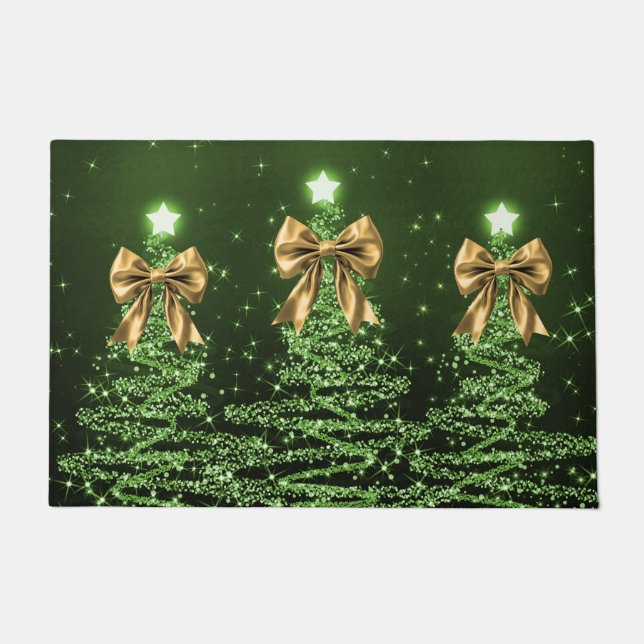 Tapete Christmas Sparkling Trees Green Faux Gold Bow  (Frente)