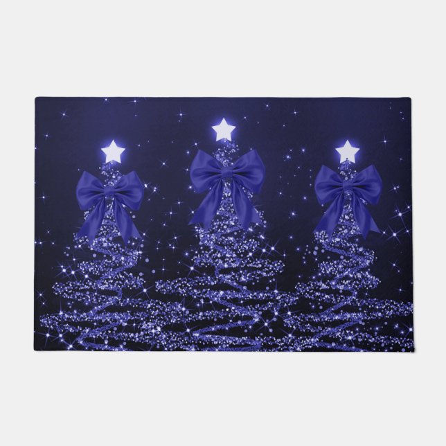Tapete Christmas Sparkling Trees Navy Blue Faux Bow  (Frente)