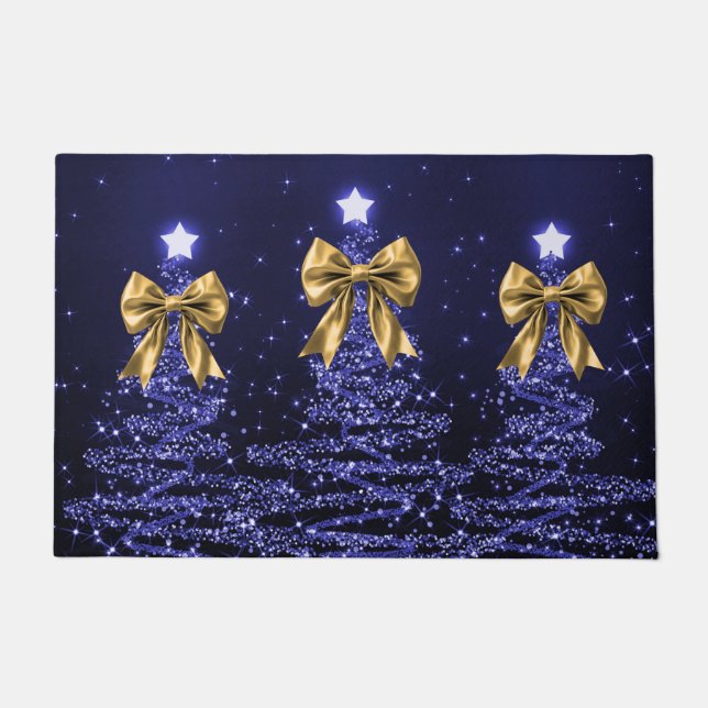 Tapete Christmas Sparkling Trees Navy Blue Faux Gold Bow  (Frente)