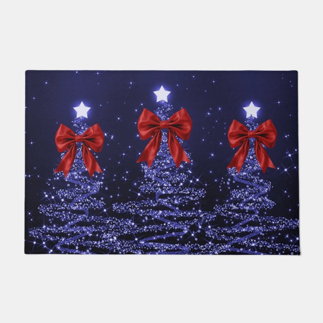 Tapete Christmas Sparkling Trees Navy Blue Faux Red Bow  (Frente)