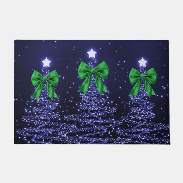 Tapete Christmas Sparkling Trees Navy Blue Green Bow  (Frente)