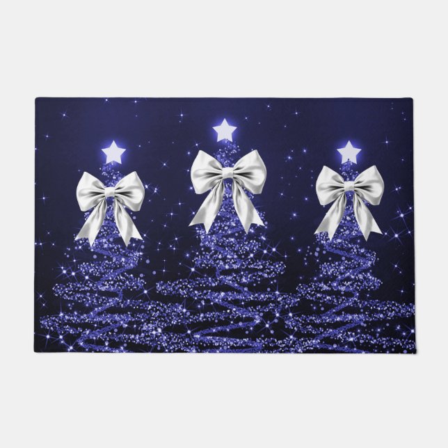 Tapete Christmas Sparkling Trees Navy Faux Silver Bow  (Frente)