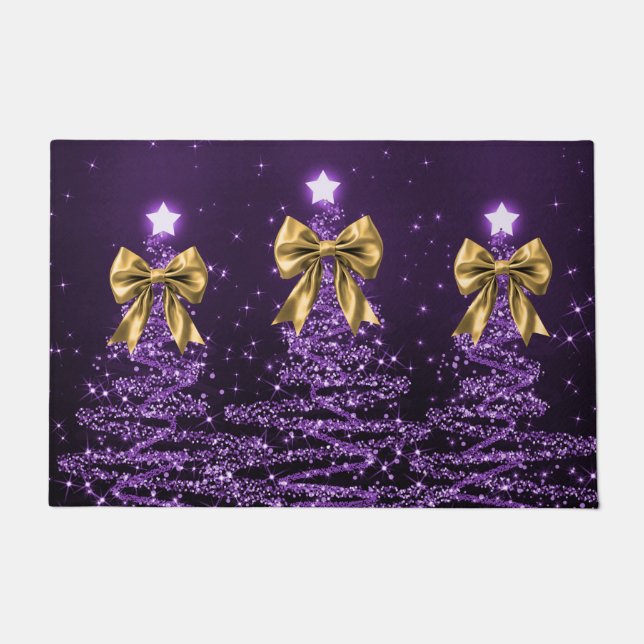 Tapete Christmas Sparkling Trees Purple Faux Gold Bow  (Frente)