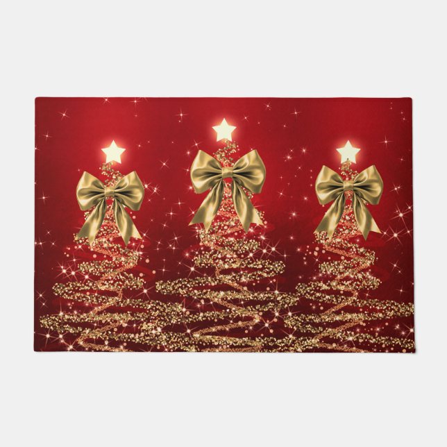 Tapete Christmas Sparkling Trees Red Gold Faux Bow  (Frente)