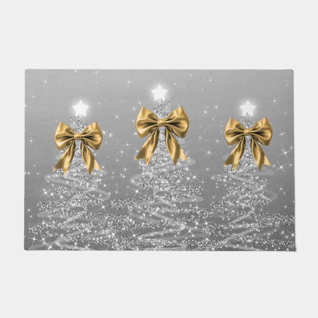 Tapete Christmas Sparkling Trees Silver Faux Gold Bow  (Frente)