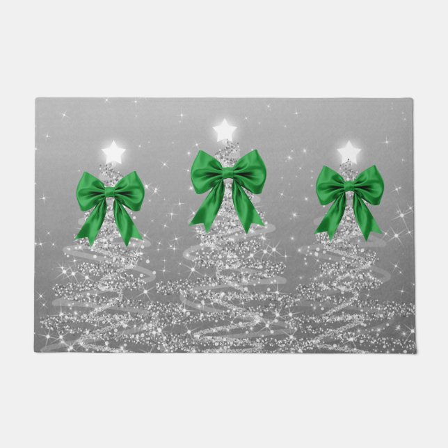 Tapete Christmas Sparkling Trees Silver Faux Green Bow  (Frente)
