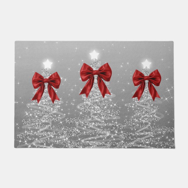 Tapete Christmas Sparkling Trees Silver Faux Red Bow  (Frente)
