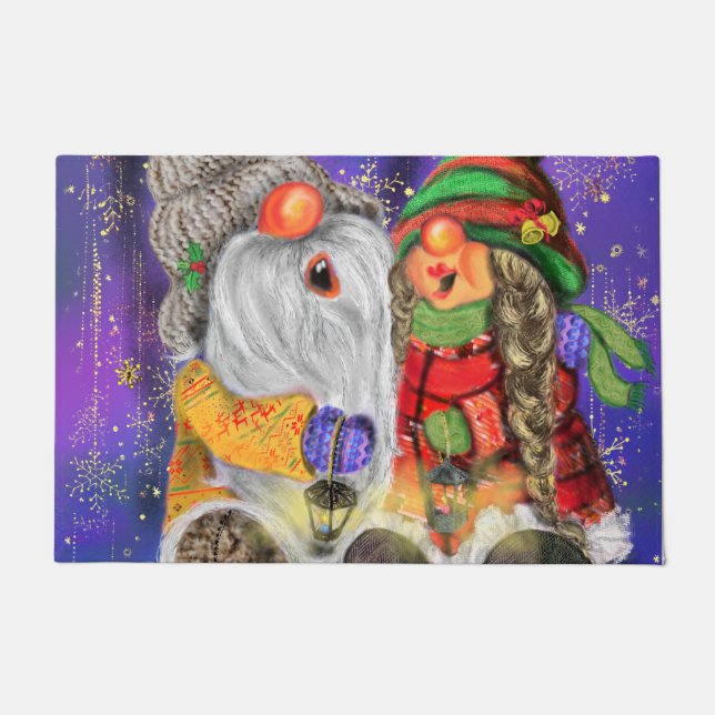 Tapete Christms Doormat Happy Casal Gnomos Cantando (Frente)