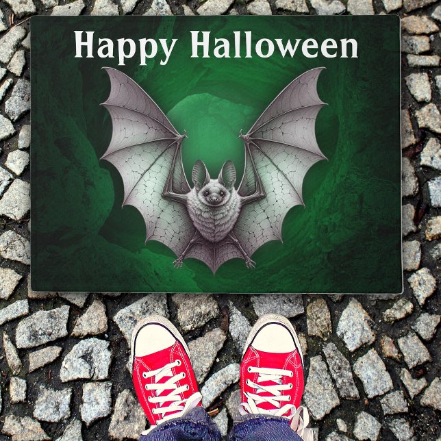 Tapete Cinza Spooky Halloween Voando Caverna Verde Bat (Spooky grey flying bat green glowing cave on Happy Halloween door mat.)