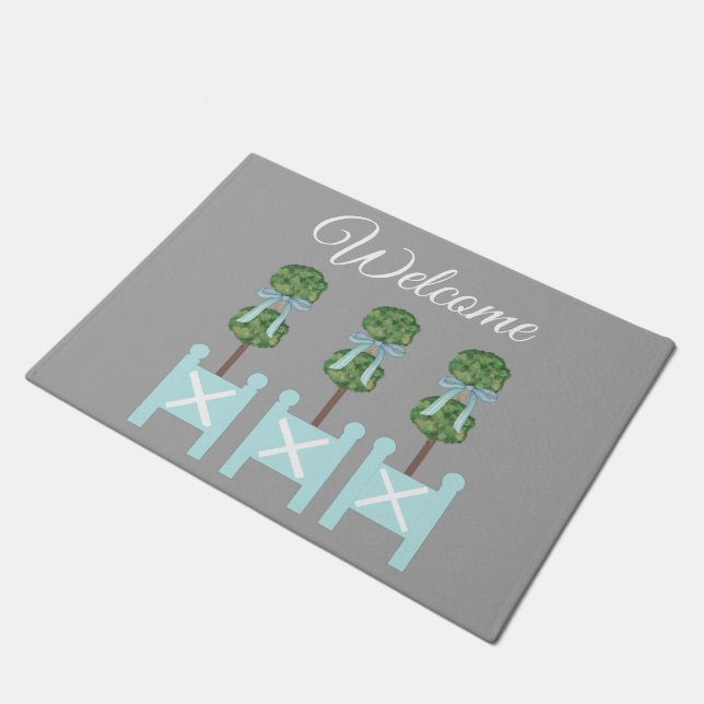 Tapete Cinza Turquesa Topiary Birds Doormat Rug (Inclinado)