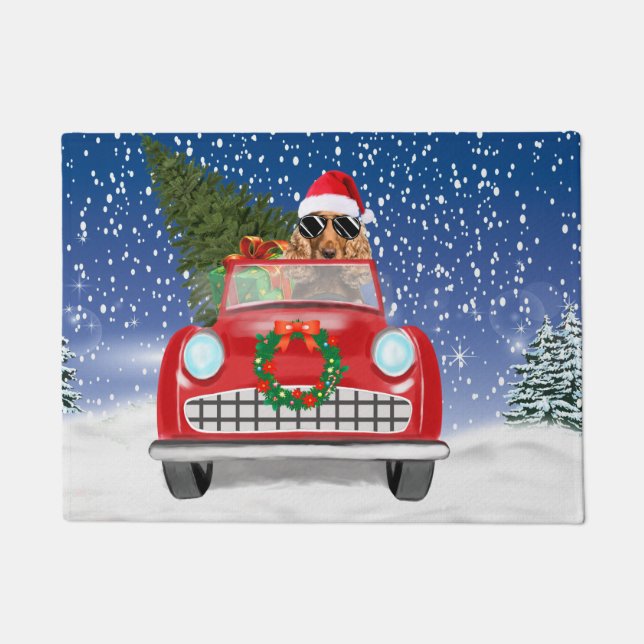 Tapete Cocker Spaniel Cão Dirigindo Carro Na Neve Natal  (Frente)