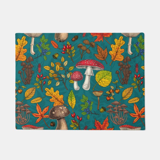 Tapete Cogumelos, folhas, loucos e bagas de outono, em az (Frente)