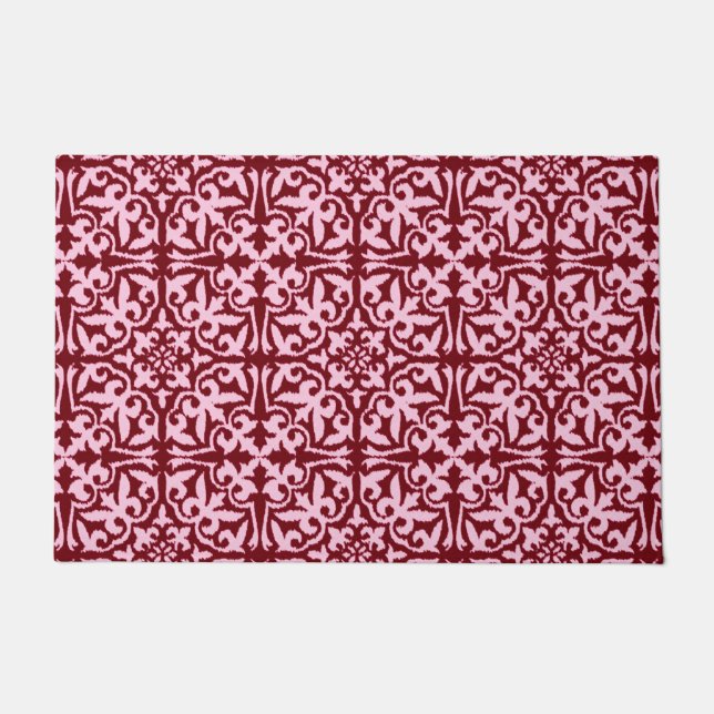 Tapete Cor damasco Ikat, Borgonha e Rosa (Frente)
