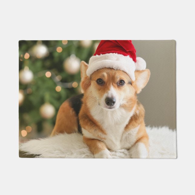 Tapete Corgi vestindo a porta do Santa Hat (Frente)