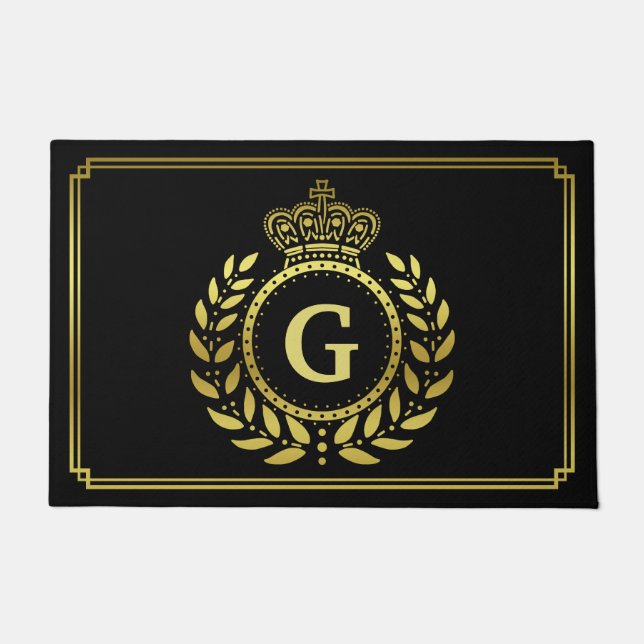 Tapete Coroa Real Laurel Wreath Monogramas Preto Dourado (Frente)