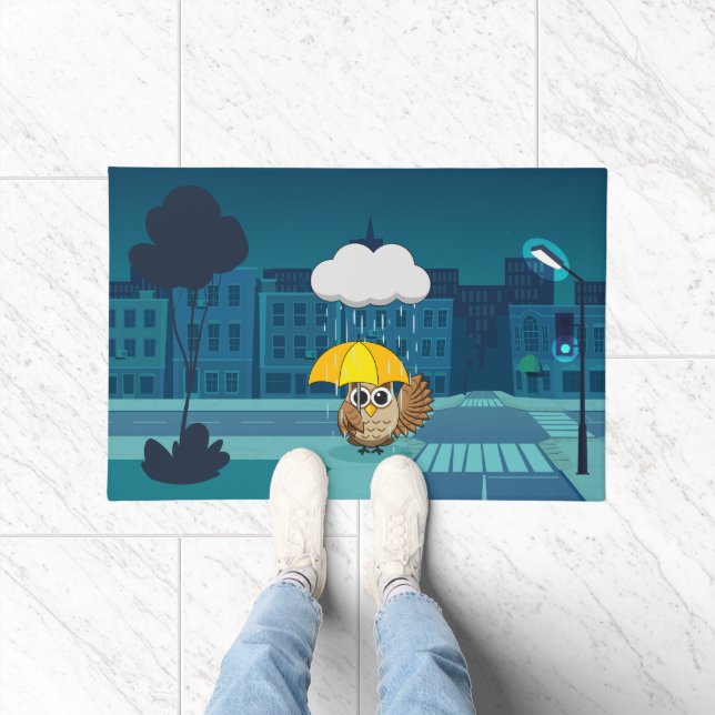Tapete Coruja Bonita com Guarda-chuvas no dia chuvoso (Interior)