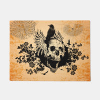 Crânio com asas e corvo com flores