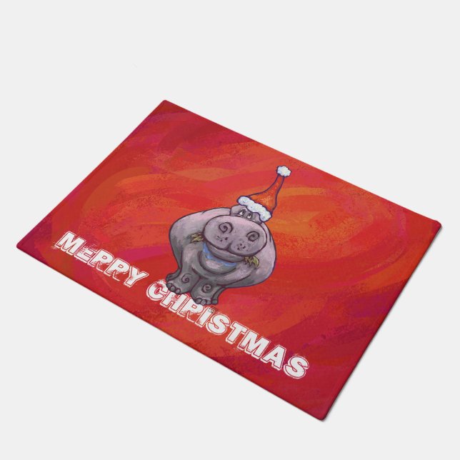 Tapete Cute Hippo em Santa Hat em Vermelho (Inclinado)