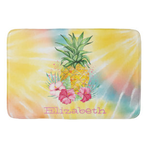 Tapete De Banheiro Abacaxi, Hibisco Aquarela Arco-íris Tie Dye
