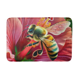 Tapete De Banheiro Abelha Polinizando Flor de Hibisco Vibrante
